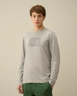 Outlet C.P. Company 30/1 Jersey Langaermet Logo T-Shirt Gaze Hvid