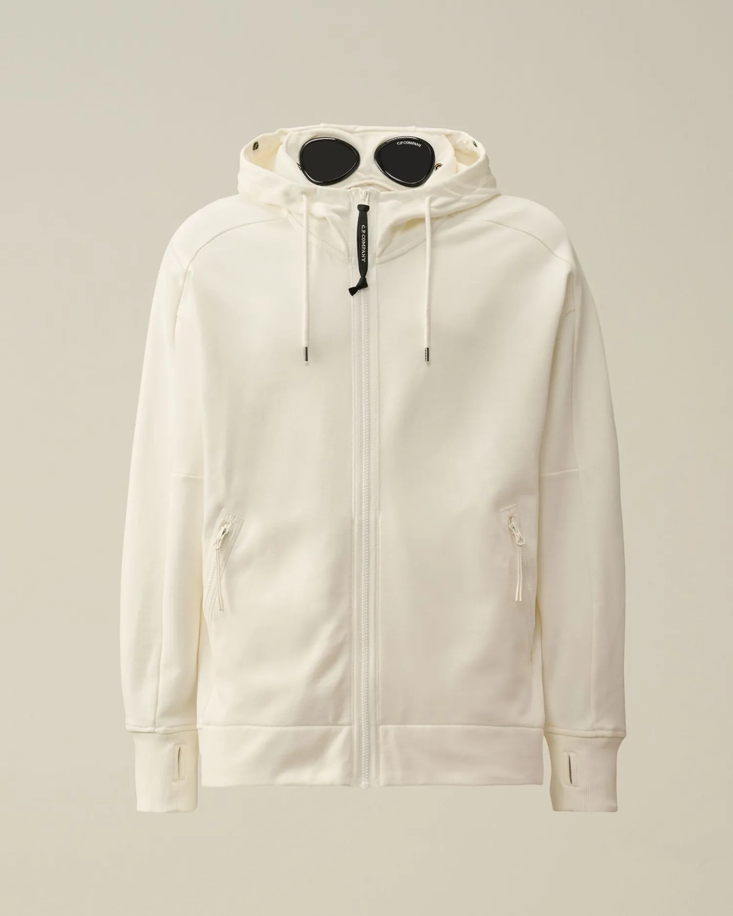 Best C.P. Company Diagonal Haevet Fleece Goggle Haettetroje Med Lynlas Gaze Hvid