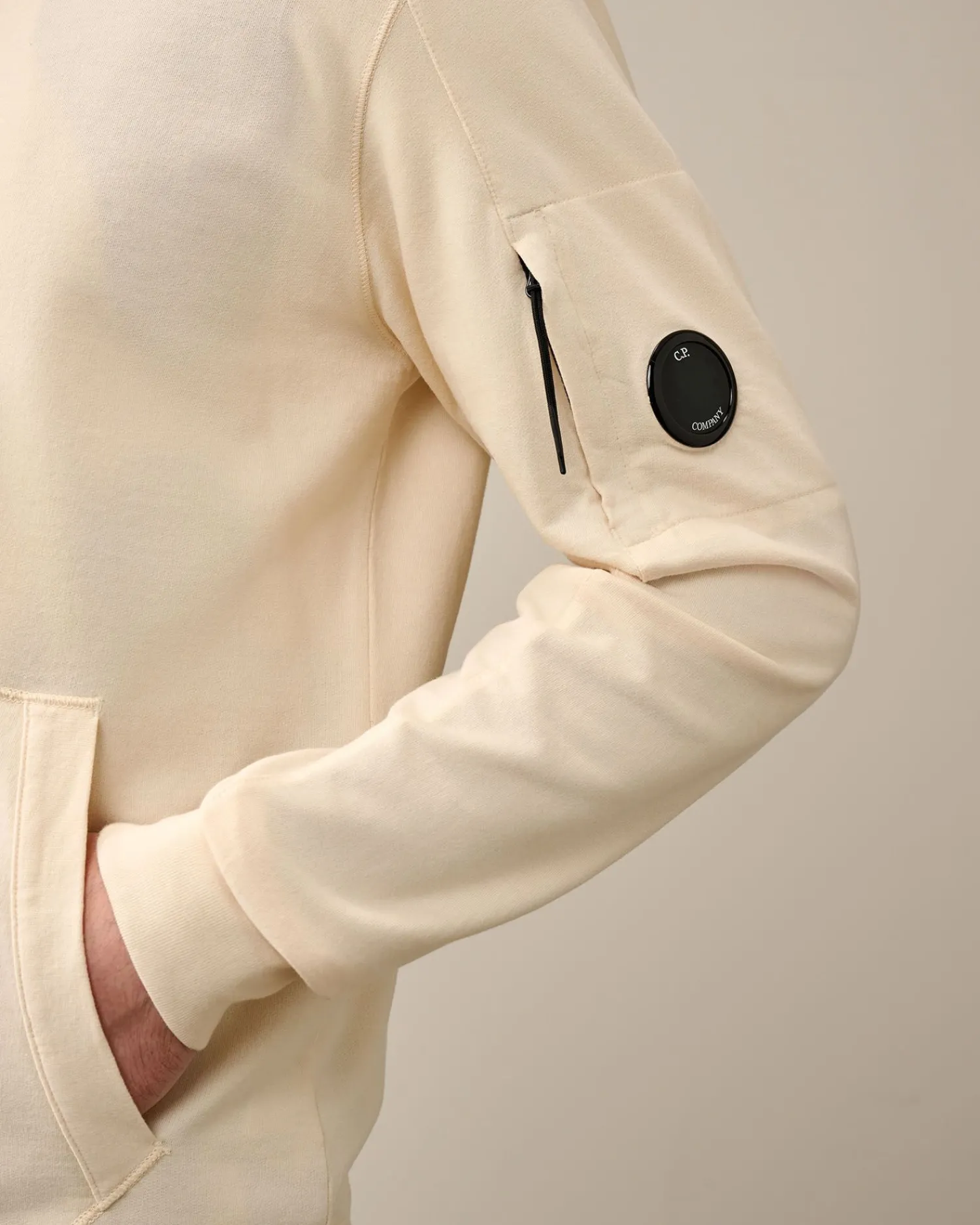 Online C.P. Company Diagonal Haevet Fleece-Haettetroje Med Lynlas Gaze Hvid