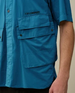 Store C.P. Company Gabardine Skjorte Med Lynlas Stjernelys Bla