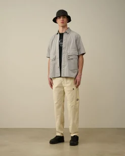 Outlet C.P. Company Gabardine Skjorte Med Lynlas Gaze Hvid
