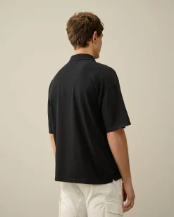 Hot C.P. Company Stretch Piquet Poloshirt Med Almindelig Stribet Krave Total Eclipse-Blue